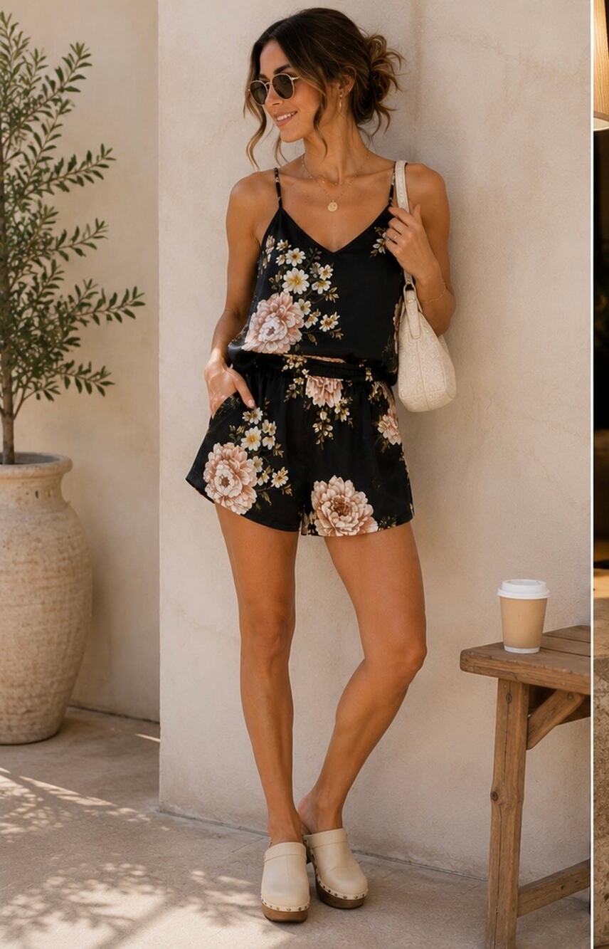 Boutique Black Cream Floral Satin Two Piece Shorts Set V neck set Top M 6 NWT